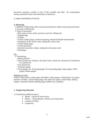 2
preventive measures, conduct in case of fire, portable and other fire extinguishers,
testing, operational status and maintenance of protocols.
g. supply and handling of material.
2. Measuring
 Methods of Measuring; direct measuring instruments, indirect measuring instruments
 Accuracy of Measuring
 Types of Instrument
oRule; types of rule; metric, precision steel rule, folding rule
oStraight edge
oCalipers
oVernier caliper gauge; external measuring, internal and depth measurements
oGraduation of the vernier scale; reading the vernier scale
oVernier depth gauge
oVernier protractor
oExternal micrometer caliper; reading the micrometer scale
oDial gauge
Fits
 Terminology
oMating surfaces
oSizes; design size, tolerance, deviation, limits, actual size, clearance fit, interference
fit, transition fit
oFree dimensions
oTolerance grades
oLimit gauges; Go- not go gap gauge, Go-not go plug gauge, taper gauges, Feeler
gauges, Radius gauges
Marking out Tools
Scriber, center punch, surface plates and tables, surface gauge, scribing block, try square,
protector, dividers, vernier height gauge, rule stand, box square, center finder, odd-leg
calipers, trammels, Parallel marking gauge, bubble level, templates.
3. Engineering Materials
a. Classification (different types);
 Metals – Ferrous & Non-Ferrous
 Plastics – Thermoplastics, Thermo sets, Elastromers
 Ceramics & Other,
 Composites
13/206
 