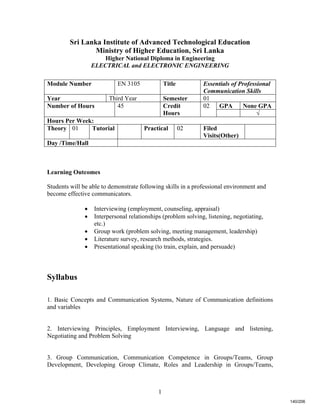 1
Sri Lanka Institute of Advanced Technological Education
Ministry of Higher Education, Sri Lanka
Higher National Diploma in Engineering
ELECTRICAL and ELECTRONIC ENGINEERING
Learning Outcomes
Students will be able to demonstrate following skills in a professional environment and
become effective communicators.
 Interviewing (employment, counseling, appraisal)
 Interpersonal relationships (problem solving, listening, negotiating,
etc.)
 Group work (problem solving, meeting management, leadership)
 Literature survey, research methods, strategies.
 Presentational speaking (to train, explain, and persuade)
Syllabus
1. Basic Concepts and Communication Systems, Nature of Communication definitions
and variables
2. Interviewing Principles, Employment Interviewing, Language and listening,
Negotiating and Problem Solving
3. Group Communication, Communication Competence in Groups/Teams, Group
Development, Developing Group Climate, Roles and Leadership in Groups/Teams,
Module Number EN 3105 Title Essentials of Professional
Communication Skills
Year Third Year Semester 01
GPA None GPANumber of Hours 45 Credit
Hours
02
√
Hours Per Week:
Theory 01 Tutorial Practical 02 Filed
Visits(Other)
Day /Time/Hall
140/206
 