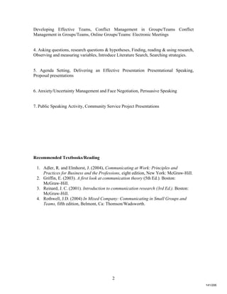 2
Developing Effective Teams, Conflict Management in Groups/Teams Conflict
Management in Groups/Teams, Online Groups/Teams: Electronic Meetings
4. Asking questions, research questions & hypotheses, Finding, reading & using research,
Observing and measuring variables, Introduce Literature Search, Searching strategies.
5. Agenda Setting, Delivering an Effective Presentation Presentational Speaking,
Proposal presentations
6. Anxiety/Uncertainty Management and Face Negotiation, Persuasive Speaking
7. Public Speaking Activity, Community Service Project Presentations
Recommended Textbooks/Reading
1. Adler, R. and Elmhorst, J. (2004), Communicating at Work: Principles and
Practices for Business and the Professions, eight edition, New York: McGraw-Hill.
2. Griffin, E. (2003). A first look at communication theory (5th Ed.). Boston:
McGraw-Hill.
3. Reinard, J. C. (2001). Introduction to communication research (3rd Ed.). Boston:
McGraw-Hill.
4. Rothwell, J.D. (2004) In Mixed Company: Communicating in Small Groups and
Teams, fifth edition, Belmont, Ca: Thomson/Wadsworth.
141/206
 