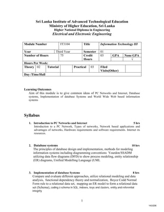 1
Sri Lanka Institute of Advanced Technological Education
Ministry of Higher Education, Sri Lanka
Higher National Diploma in Engineering
Electrical and Electronic Engineering
Learning Outcomes
Aim of this module is to give common ideas of PC Networks and Internet, Database
systems, Implementation of database Systems and World Wide Web based information
systems
Syllabus
1. Introduction to PC Networks and Internet 5 hrs
Introduction to a PC Network, Types of networks, Network based applications and
advantages of networks, Hardware requirements and software requirements. Internet its
resources.
2. Database systems 10 hrs
The principles of database design and implementation, methods for modeling
information systems including diagramming conventions Yourdon/SSADM
utilizing data flow diagrams (DFD) to show process modeling, entity relationship
(ER) diagrams, Unified Modelling Language (UML
3. Implementation of database Systems 8 hrs
Compare and evaluate different approaches, utilize relational modeling and data
analysis, functional dependency theory and normalization, Boyce Codd Normal
Form rule to a relational data set, mapping an ER model to form a relational data
set (Schema), coding a schema in SQL, indexes, keys and clusters, entity and referential
integrity
Module Number IT3104 Title Information Technology III
Year Third Year Semester 01
GPA None GPANumber of Hours 75 Credit
Hours
03
√
Hours Per Week:
Theory 02 Tutorial Practical 03 Filed
Visits(Other)
Day /Time/Hall
143/206
 