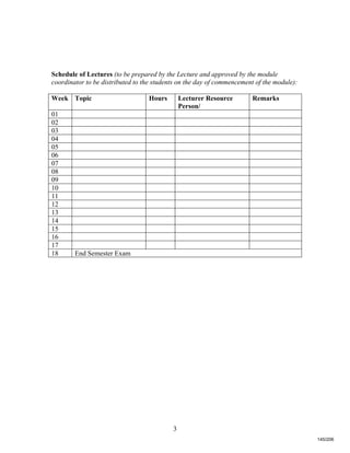 3
Schedule of Lectures (to be prepared by the Lecture and approved by the module
coordinator to be distributed to the students on the day of commencement of the module):
Week Topic Hours Lecturer Resource
Person/
Remarks
01
02
03
04
05
06
07
08
09
10
11
12
13
14
15
16
17
18 End Semester Exam
145/206
 
