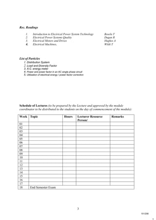 3
t
Rec. Readings
1. Introduction to Electrical Power System Technology Bosela T
2. Electrical Power Systems Quality Dugan R
3. Electrical Motors and Drives Hughes A
4. Electrical Machines, Wildi T
List of Particles
1. Distribution System
2. Load and Diversity Factor
3. A.C. energy meter
4. Power and power factor in an AC single phase circuit
5. Utilization of electrical energy / power factor correction
Schedule of Lectures (to be prepared by the Lecture and approved by the module
coordinator to be distributed to the students on the day of commencement of the module):
Week Topic Hours Lecturer Resource
Person/
Remarks
01
02
03
04
05
06
07
08
09
10
11
12
13
14
15
16
17
18 End Semester Exam
151/206
 