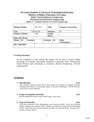 1
Sri Lanka Institute of Advanced Technological Education
Ministry of Higher Education, Sri Lanka
Higher National Diploma in Engineering
Electrical and Electronic Engineering
Option 2 - Computer Systems & Network Engineering
Learning Outcomes:
On the completion of this module the student will be able to acquire further
knowledge of Computer Networking, Hardware Components basics Transmission
control Protocol and maintaining a connection, Internet broadcasting, Network
standardization
Syllabus
1. Introduction 4 hrs
Why computer networks, Social Issues, Why people are interested in computer networks,
including brief history of networking. Basics to network technologies, TCP/IP, Protocol,
server/client, sockets, hardware
2. Usage of computer networks 2 hrs
Business applications, Home usage, Mobile usage, social issues,
3. Type of Networks 4 hrs
Local Area Networks (LAN), Metropolitan Area Networks (MAN), Wide Area Networks
(WAN), Storage area network (SAN), Global Area Network, Virtual Private Networking
(VPN), Home Networks, Private Networks, Personal Area Network (PAN), Internet work ,
Intranet, Extranet, Internet
Module Number EE 3114 Title Computer Networking
Year Third Year Semester 01
Number of Hours 120 Credit
Hours
Hours Per Week:
Theory 04 Tutorial Practical 04 Filed
Visits(Other)
Day /Time/Hall
167/206
 