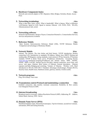 2
4. Hardware Components basics 3 hrs
Network card, network adapter or NIC, Repeaters, Hubs, Bridges, Switches, Router, Access
Point
5. Networking terminology 4 hrs
What is data (Bits, bytes, costs)?, What is bandwidth?, What is latency, What is difference
LAN/Internet, Speed in LAN, Speed in internet, Ethernet (LN, WAN, PAN, WLAN),
Ethernet protocol, hub, switch
6. Networking software 4 hrs
Protocols and hierarchies, Design of layers, Connection-Oriented vs. Connectionless Services,
Services and protocols in relation
7. Reference Models 3 hrs
Open Systems Interconnection Reference Model (OSI), TCP/IP Reference Model,
Comparison and advantages of Reference Models
8. Network Models 8 hrs
Internet, The Internet, The time before and brief history, TCP/IP introduction, Routers
connecting LAN, Introduction to standards, IP-Address, Subnet, host, DHCP, Packing and
sending data, IP-Datagram, routing standards, router protocol, IP Key hierarchy, IP becomes
standard, TCP/IP in detail, Name server, IP-addresses introduction, Governing Society
www.isoc.org, Institutions assigning IP-addresses and domain names, RIPE, AfriNIC,
APNIC, ARIN, LACNIC, Internet Service Providers, Internet connection, server farm, web
server, web space, Ethernet, Brief history of Ethernet, General description, Ethernet
repeaters and hubs, Bridging and switching, Variants of Ethernet, Wireless LAN, Brief
Introduction to WLAN, IEEE 802.11 Standard, Advantages disadvantages, Hotspot (Wi-Fi),
Security issues, Health issues, Hardware (router, gateway, antenna, wireless-cards)
9. Network programs 4 hrs
Ping, NS-Lookup, Trace route
10. Transmission control Protocol and maintaining a connection 4 hrs
Establish connection, data transfer; terminate connections, Reliability & flow control,
User Datagram Protocol (UDP)
11. Internet broadcasting 3 hrs
Broadcast (send to everyone), Address Resolution Protocol (ARP), Addressing, IP- Address,
Subnet Mask, Gateway, DNS –Server
12. Domain Name Server (DNS) 4 hrs
Distributed database maps, Hierarchical namespace, Top-level domain, second-level domain,
sub-domain, DNS and routing hierarchy
168/206
 