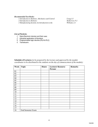 4
Recommended Text Books:
1 Introduction to Robotics, Mechanics and Control Craig J J
2 Introduction to Robotics McKerrow P J
3 Manufacturing Systems An Introduction to the Williams J J
List of Particles
1. Opto-Electronic devices and their uses
2. Industrial application of thyristors
3. Programmable logic devices (PLA & PLC)
4. Transducers
Schedule of Lectures (to be prepared by the Lecture and approved by the module
coordinator to be distributed to the students on the day of commencement of the module):
Week Topic Hours Lecturer Resource
Person/
Remarks
01
02
03
04
05
06
07
08
09
10
11
12
13
14
15
16
17
18 End Semester Exam
184/206
 