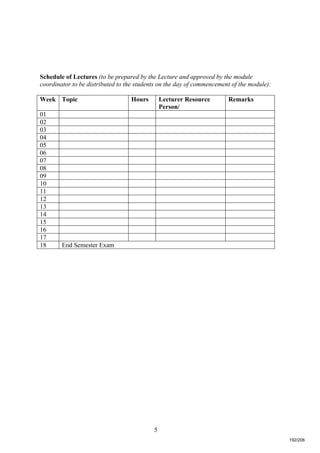 5
Schedule of Lectures (to be prepared by the Lecture and approved by the module
coordinator to be distributed to the students on the day of commencement of the module):
Week Topic Hours Lecturer Resource
Person/
Remarks
01
02
03
04
05
06
07
08
09
10
11
12
13
14
15
16
17
18 End Semester Exam
192/206
 