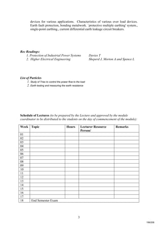 3
devices for various applications. Characteristics of various over load devices.
Earth fault protection, bonding metalwork. `protective multiple earthing' system.,
single-point earthing., current differential earth leakage circuit breakers.
Rec Readings:
1. Protection of Industrial Power Systems Davies T
2. Higher Electrical Engineering Sheperd J, Morton A and Spence L
List of Particles
1. Study of Triac to control the power flow to the load
2. Earth testing and measuring the earth resistance
Schedule of Lectures (to be prepared by the Lecture and approved by the module
coordinator to be distributed to the students on the day of commencement of the module):
Week Topic Hours Lecturer Resource
Person/
Remarks
01
02
03
04
05
06
07
08
09
10
11
12
13
14
15
16
17
18 End Semester Exam
199/206
 