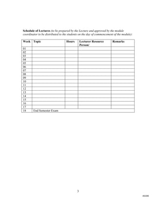 3
Schedule of Lectures (to be prepared by the Lecture and approved by the module
coordinator to be distributed to the students on the day of commencement of the module):
Week Topic Hours Lecturer Resource
Person/
Remarks
01
02
03
04
05
06
07
08
09
10
11
12
13
14
15
16
17
18 End Semester Exam
45/206
 