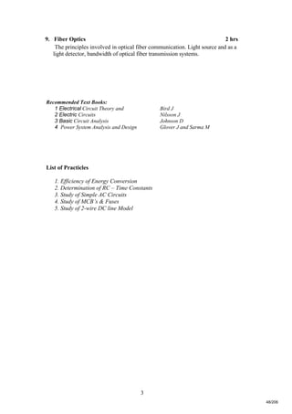 3
9. Fiber Optics 2 hrs
The principles involved in optical fiber communication. Light source and as a
light detector, bandwidth of optical fiber transmission systems.
Recommended Text Books:
1 Electrical Circuit Theory and Bird J
2 Electric Circuits Nilsson J
3 Basic Circuit Analysis Johnson D
4 Power System Analysis and Design Glover J and Sarma M
List of Practicles
1. Efficiency of Energy Conversion
2. Determination of RC – Time Constants
3. Study of Simple AC Circuits
4. Study of MCB’s & Fuses
5. Study of 2-wire DC line Model
48/206
 