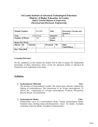 1
Sri Lanka Institute of Advanced Technological Education
Ministry of Higher Education, Sri Lanka
Higher National Diploma in Engineering
Electrical and Electronic Engineering
Learning Outcomes:
On the completion of this module the student will be able to acquire the fundamental
knowledge of Basic Electronics, form a basis for advanced studies in Electrical &
Electronics to be undertaken in the future
Syllabus
1. Semiconductor Materials 5 hrs
The structure of semiconductor crystals, The silicon atom, Intrinsic conductivity,
Doping of semiconductors, The construction of an N-type semiconductor, N-
silicon, The construction of a P-type semiconductor, P-silicon, PN-junction,
Reverse biased, Forward biased
2. Semiconductor Diodes 5 hrs
Characteristic curve of a semiconductor diode, Testing semiconductor diodes,
Nominal values, limiting values and characteristic values for diodes, Examples
of limiting values for diodes, Examples of characteristics
Module Number EE1209 Title Electronics Circuits and
Systems I
Year First Year Semester 02
Number of Hours 90 Credit
Hours
Hours Per Week:
Theory 04 Tutorial Practical 02 Filed
Visits(Other)
Day /Time/Hall
50/206
 