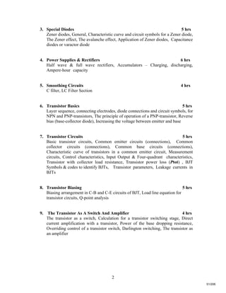 2
3. Special Diodes 5 hrs
Zener diodes, General, Characteristic curve and circuit symbols for a Zener diode,
The Zener effect, The avalanche effect, Application of Zener diodes, Capacitance
diodes or varactor diode
4. Power Supplies & Rectifiers 6 hrs
Half wave & full wave rectifiers, Accumulators – Charging, discharging,
Ampere-hour capacity
5. Smoothing Circuits 4 hrs
C filter, LC Filter Section
6. Transistor Basics 5 hrs
Layer sequence, connecting electrodes, diode connections and circuit symbols, for
NPN and PNP-transistors, The principle of operation of a PNP-transistor, Reverse
bias (base-collector diode), Increasing the voltage between emitter and base
7. Transistor Circuits 5 hrs
Basic transistor circuits, Common emitter circuits (connections), Common
collector circuits (connections), Common base circuits (connections),
Characteristic curve of transistors in a common emitter circuit, Measurement
circuits, Control characteristics, Input Output & Four-quadrant characteristics,
Transistor with collector load resistance, Transistor power loss (Ptot) , BJT
Symbols & codes to identify BJTs, Transistor parameters, Leakage currents in
BJTs
8. Transistor Biasing 5 hrs
Biasing arrangement in C-B and C-E circuits of BJT, Load line equation for
transistor circuits, Q-point analysis
9. The Transistor As A Switch And Amplifier 4 hrs
The transistor as a switch, Calculation for a transistor switching stage, Direct
current amplification with a transistor, Power of the base dropping resistance,
Overriding control of a transistor switch, Darlington switching, The transistor as
an amplifier
51/206
 
