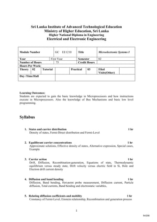 1
Sri Lanka Institute of Advanced Technological Education
Ministry of Higher Education, Sri Lanka
Higher National Diploma in Engineering
Electrical and Electronic Engineering
Learning Outcomes:
Students are expected to gain the basic knowledge in Microprocessors and how instructions
execute in Microprocessors. Also the knowledge of Bus Mechanisms and basic low level
programming.
Syllabus
1. States and carrier distribution 1 hr
Density of states, Fermi-Direct distribution and Fermi-Level
2. Equilibrant carrier concentrations 1 hr
Approximate solutions, Effective density of states, Alternative expression, Special cases,
Example
3. Carrier action 1 hr
Drift, Diffusion, Recombination-generation, Equations of state, Thermodynamic
equilibrium versus steady state, Drift velocity versus electric field in Si, Hole and
Electron drift current density
4. Diffusion and band bending 1 hr
Diffusion, Band bending, Hot-point probe measurement, Diffusion current, Particle
diffusion, Total currents, Band bending and electrostatic variables,
5. Relating diffusion coefficients and mobility 1 hr
Constancy of Fermi-Level, Einstein relationship, Recombination and generation process
Module Number GC EE1210 Title Microelectronic Systems I
Year First Year Semester 02
Number of Hours 75 Credit Hours
Hours Per Week:
Theory 02 Tutorial Practical 03 Filed
Visits(Other)
Day /Time/Hall
54/206
 