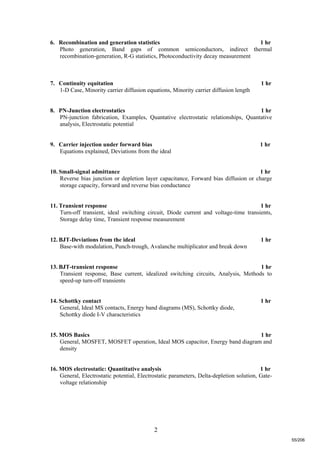 2
6. Recombination and generation statistics 1 hr
Photo generation, Band gaps of common semiconductors, indirect thermal
recombination-generation, R-G statistics, Photoconductivity decay measurement
7. Continuity equitation 1 hr
1-D Case, Minority carrier diffusion equations, Minority carrier diffusion length
8. PN-Junction electrostatics 1 hr
PN-junction fabrication, Examples, Quantative electrostatic relationships, Quantative
analysis, Electrostatic potential
9. Carrier injection under forward bias 1 hr
Equations explained, Deviations from the ideal
10. Small-signal admittance 1 hr
Reverse bias junction or depletion layer capacitance, Forward bias diffusion or charge
storage capacity, forward and reverse bias conductance
11. Transient response 1 hr
Turn-off transient, ideal switching circuit, Diode current and voltage-time transients,
Storage delay time, Transient response measurement
12. BJT-Deviations from the ideal 1 hr
Base-with modulation, Punch-trough, Avalanche multiplicator and break down
13. BJT-transient response 1 hr
Transient response, Base current, idealized switching circuits, Analysis, Methods to
speed-up turn-off transients
14. Schottky contact 1 hr
General, Ideal MS contacts, Energy band diagrams (MS), Schottky diode,
Schottky diode I-V characteristics
15. MOS Basics 1 hr
General, MOSFET, MOSFET operation, Ideal MOS capacitor, Energy band diagram and
density
16. MOS electrostatic: Quantitative analysis 1 hr
General, Electrostatic potential, Electrostatic parameters, Delta-depletion solution, Gate-
voltage relationship
55/206
 
