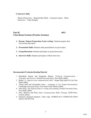 3
5. Interview Skills
Kinds of Interviews – Required Key Skills – Corporate culture – Mock
Interviews – Video Samples
Part II 60%
Class Room Sessions (Practice Sessions)
1. Resume / Report Preparation /Letter writing : Students prepare their
own resume and report.
2. Presentation Skills: Students make presentations on given topics.
3. Group Discussion: Students participate in group discussions.
4. Interview Skills: Students participate in Mock interviews
Recommended Textbooks/Reading/Material
1. Meenakshi Raman and Sangeetha Sharma, Technical Communication –
Principles and Practice, Oxford University Press, New Delhi (2004)
2. Barker. A - Improve your communication skills – Kogan Page India Pvt Ltd, New
Delhi (2006)
3. Adrian Doff and Christopher Jones – Language in Use (Upper-Intermediate),
Cambridge University Press, First South Asian Edition (2004)
4. John Seely, The Oxford Guide to writing and speaking, Oxford University Press,
New Delhi (2004)
5. Orey, Maureen and Prisk, Jenni. Communication Skills Training. ASTD Press.
Current edition.
6. Instructor designed handouts, Video clips, WORKPLACE COMMUNICATION
SKILLS, BUSN-0156
76/206
 