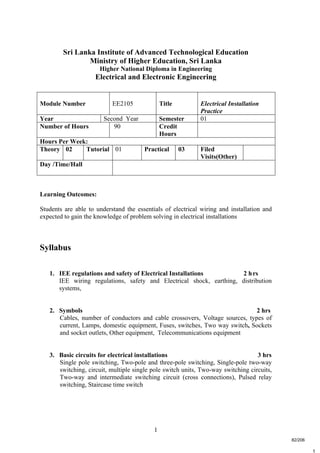 1
t
Sri Lanka Institute of Advanced Technological Education
Ministry of Higher Education, Sri Lanka
Higher National Diploma in Engineering
Electrical and Electronic Engineering
Learning Outcomes:
Students are able to understand the essentials of electrical wiring and installation and
expected to gain the knowledge of problem solving in electrical installations
Syllabus
1. IEE regulations and safety of Electrical Installations 2 hrs
IEE wiring regulations, safety and Electrical shock, earthing, distribution
systems,
2. Symbols 2 hrs
Cables, number of conductors and cable crossovers, Voltage sources, types of
current, Lamps, domestic equipment, Fuses, switches, Two way switch, Sockets
and socket outlets, Other equipment, Telecommunications equipment
3. Basic circuits for electrical installations 3 hrs
Single pole switching, Two-pole and three-pole switching, Single-pole two-way
switching, circuit, multiple single pole switch units, Two-way switching circuits,
Two-way and intermediate switching circuit (cross connections), Pulsed relay
switching, Staircase time switch
Module Number EE2105 Title Electrical Installation
Practice
Year Second Year Semester 01
Number of Hours 90 Credit
Hours
Hours Per Week:
Theory 02 Tutorial 01 Practical 03 Filed
Visits(Other)
Day /Time/Hall
82/206
 