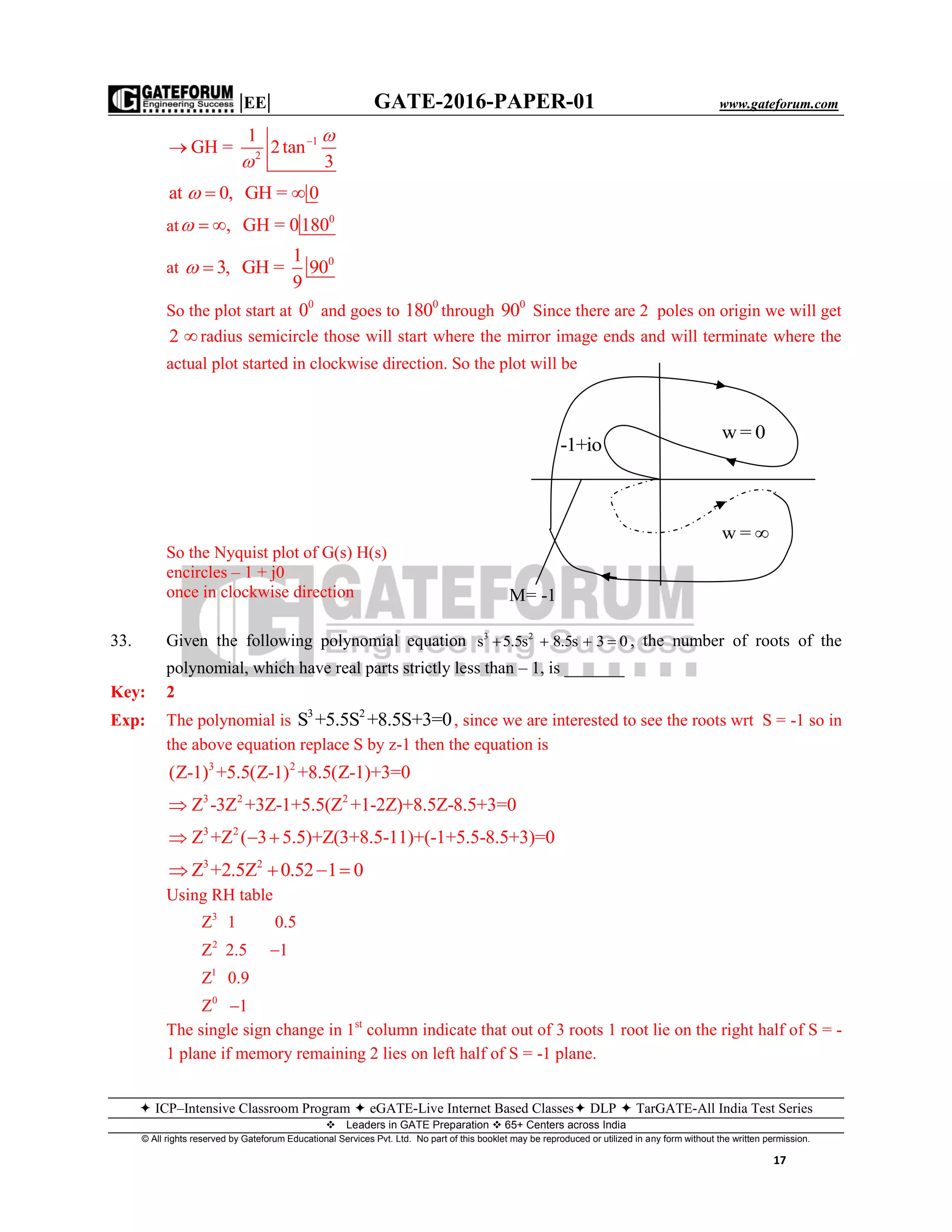 |EE| GATE-2016-PAPER-01 www.gateforum.com
 ICP–Intensive Classroom Program  eGATE-Live Internet Based Classes DLP  TarGATE-All India Test Series
Leaders in GATE Preparation  65+ Centers across India
© All rights reserved by Gateforum Educational Services Pvt. Ltd. No part of this booklet may be reproduced or utilized in any form without the written permission.
17
1
2
1
GH = 2tan
3




at 0, GH = 0 
at
0
, GH = 0180 
at 01
3, GH = 90
9

So the plot start at 0
0 and goes to 0
180 through 0
90 Since there are 2 poles on origin we will get
2  radius semicircle those will start where the mirror image ends and will terminate where the
actual plot started in clockwise direction. So the plot will be
So the Nyquist plot of G(s) H(s)
encircles – 1 + j0
once in clockwise direction
33. Given the following polynomial equation 3 2
s 5.5s 8.5s 3 0    , the number of roots of the
polynomial, which have real parts strictly less than – 1, is _______
Key: 2
Exp: The polynomial is 3 2
S +5.5S +8.5S+3=0, since we are interested to see the roots wrt S = -1 so in
the above equation replace S by z-1 then the equation is
3 2
(Z-1) +5.5(Z-1) +8.5(Z-1)+3=0
3 2 2
Z -3Z +3Z-1+5.5(Z +1-2Z)+8.5Z-8.5+3=0
3 2
Z +Z ( 3 5.5)+Z(3+8.5-11)+(-1+5.5-8.5+3)=0  
3 2
Z +2.5Z 0.52 1 0   
Using RH table
3
2
1
0
Z 1 0.5
Z 2.5 1
Z 0.9
Z 1


The single sign change in 1st
column indicate that out of 3 roots 1 root lie on the right half of S = -
1 plane if memory remaining 2 lies on left half of S = -1 plane.
w = 
-1+io
M= -1
w = 0
 