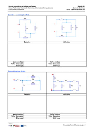 Escola Secundária de Caldas das Taipas
Curso Profissional Técnico de Eletrónica,Automação e Computadores
Eletricidade e Eletrónica
Módulo 01
Corrente Contínua
Ficha Trabalho Prático - 02
Francisco Xavier Oliveira Araújo | 3
Circuitos – Associação Mista
Calculos Calculos
Valor medido Valor medido
Valor Calculado Valor Calculado
Diferença Diferença
Outros Circuitos Mistos
Calculos Calculos
Valor medido Valor medido
Valor Calculado Valor Calculado
Diferença Diferença
 