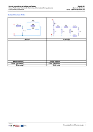 Escola Secundária de Caldas das Taipas
Curso Profissional Técnico de Eletrónica,Automação e Computadores
Eletricidade e Eletrónica
Módulo 01
Corrente Contínua
Ficha Trabalho Prático - 02
Francisco Xavier Oliveira Araújo | 4
Outros Circuitos Mistos
Calculos Calculos
Valor medido Valor medido
Valor Calculado Valor Calculado
Diferença Diferença
 