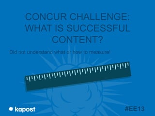 CONCUR CHALLENGE:
WHAT IS SUCCESSFUL
CONTENT?
Did not understand what or how to measure!

#EE13

 