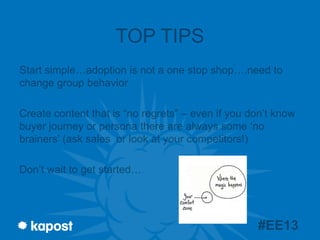 TOP TIPS
Start simple…adoption is not a one stop
shop….need to change group behavior
Create content that is “no regrets” –...