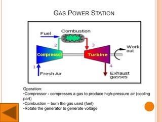 GAS POWER STATION
Operation:
•Compressor - compresses a gas to produce high-pressure air (cooling
part)
•Combustion – burn the gas used (fuel)
•Rotate the generator to generate voltage
 