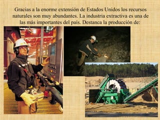 Gracias a la enorme extensión de Estados Unidos los recursos
naturales son muy abundantes. La industria extractiva es una de
las más importantes del país. Destanca la producción de:
 