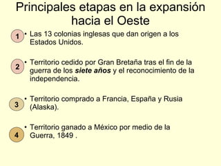 Principales etapas en la expansión hacia el Oeste Las 13 colonias inglesas que dan origen a los Estados Unidos. Territorio cedido por Gran Bretaña tras el fin de la guerra de los  siete años  y el reconocimiento de la independencia. Territorio comprado a Francia, España y Rusia (Alaska). Territorio ganado a México por medio de la Guerra, 1849 . 1 2 3 4 