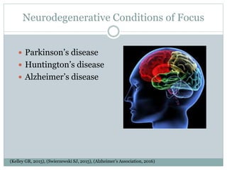 Neurodegenerative Conditions of Focus
 Parkinson’s disease
 Huntington’s disease
 Alzheimer’s disease
(Kelley GR, 2015), (Swierzewski SJ, 2015), (Alzheimer’s Association, 2016)
 