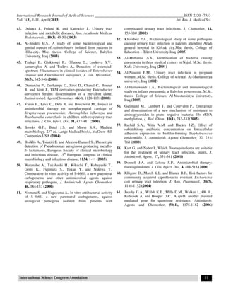 International Research Journal of Medical Sciences ________________________________________________ ISSN 2320 –7353
Vol. 1(3), 1-11, April (2013) Int. Res. J. Medical Sci.
International Science Congress Association 11
43. Dulawa J., Poland K. and Katowice J., Urinary tract
infection and metabolic diseases, Ann. Academia Medicae
Bialotocensis., 10(3), 45-50 (2003)
44. Al-Shukri M.S., A study of some bacteriological and
genital aspects of Acinetobacter isolated from patients in
Hilla-city. Msc. thesis. College of Science, Babylon
University, Iraq (2003)
45. Tzelepi E., Giakkoupi P., Ofianou D., Loukova S.V.,
kemeroglou A. and Tsakris A., Detection of extended-
spectrum β-lactamases in clinical isolates of Enterobacter
cloacae and Enterobacter aerogenes, J. clin. Micorbiol.,
38(3), 542-546 (2000)
46. Dumarche P., Dechamps C., Sirot D., Chanal C., Bonnet
R. and Sirot J., TEM derivative–producing Enterobacter
aerogenes Strains: dissemination of a prevalent clone,
Antimicrobiol. Agent Chemother, 46(4), 1128-1131(2000)
47. Varon E., Levy C., Dela R. and Boucherat M., Impact of
antimicrobial therapy on nasopharyngeal carriage of
Streptococcus pneumoniae, Haemophilus influenzae and
Branhamella catarrhalis in children with respiratory tract
infections, J. Clin. Infect. Dis., 31, 477-481 (2000)
48. Brooks G.F., Butel J.S. and Morse S.A., Medical
microbiology. 23rd
ed. Lange Medical books, McGraw-Hill
Companies.USA (2004)
49. Bisiklis A., Tsiakiri E. and Alexiou-Danieel S., Phenotypic
detection of Pseudomonas aeruginosa producing metallo-
β- lactamases, European Society of clinical microbiology
and infectious disease, 15th
European congress of clinical
microbiology and infectious disease, 1134, 1-11 (2005)
50. Watanabe A., Takahashi H., Kikuchi T., Kobayashi T.,
Gomi K., Fujimura S., Tokue Y. and Nukiwa T.,
Comparative in vitro activity of S-4661, a new parenteral
carbapenems and other antimicrobial agents against
respiratory pathogens, J. Antimicrob. Agents Chemother,
46, 184-187 (2000)
51. Nomura S. and Nagayama A., In vitro antibacterial activity
of S-4661, a new parenteral carbapenems, against
urological pathogens isolated from patients with
complicated urinary tract infections, J. Chemother, 14,
155-160 (2002)
52. Khorshed P.A., Bacteriological study of some pathogens
causing urinary tract infection in pateints attending Azadi
general hospital in Kirkuk city.Msc thesis, College of
Education – Tikret Univercity.Iraq (2005)
53. Al-Muhanna A.S., Identification of bacteria causing
pneumonia in three medical centers in Najaf. M.Sc. thesis.
Kufa University, Iraq (2001)
54. Al-Nuaimi E.M., Urinary tract infection in pregnant
women .M.Sc. thesis. College of science. Al-Mustansiriya
university, Iraq (2002)
55. Al-Hamawandi J.A., Bacteriological and immunological
study on infants pneumonia at Babylon governorate, M.Sc.
thesis. College of Science, Al-Mustansiriya University,
Iraq (2005)
56. Galimand M., Lambert T. and Courvalin P., Emergence
and dissemination of a new mechanism of resistance to
aminoglycosides in gram- negative bacteria: 16s rRNA
methylation, J. Biol. Chem., 10(1), 243-331(2005)
57. Rachid S.A., Witte V.M. and Hacker J.Z., Effect of
subinhbitory antibiotic concentration on Intracellular
adhesion expression in biofilm-forming Staphylococcus
epidermidis, J. Antimicrob. Agents Chemother, 32, 755-
760 (2000)
58. Kurt G. and Naber I., Which fluoroquinolones are suitable
for the treatment of urinary tract infection, Intern, J.
Antimicrob. Agent., 17, 331-341 (2001)
59. Donnell J.A. and Gelone S.P., Antimicrobial therapy:
fluoroquinolones, J. Clin. Infect. Dis., 4, 488-513 (2000)
60. Klligore D., March K.L. and Blance B.J., Risk factors for
community acquired ciprofloxacin resistant Escherichia
coli urinary tract infection, J. Ann. Pharmacol., 38(7),
1148-1152 (2004)
61. Jacoby G.A., Walsh K.E., Mills D.M., Walker J., Oh H.,
Robicsek A. and Hooper D.C., A qnrB, another plasmid
mediated gene for quinolone resistance, Antimicrob.
Agents and Chemother, 50(4), 1178-1182 (2006)
 