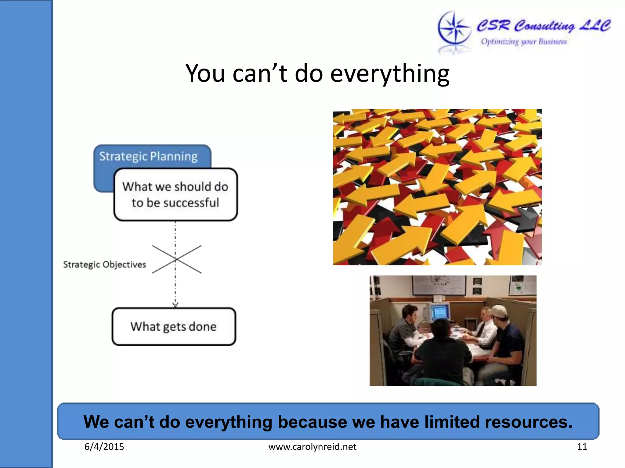 You can’t do everything
We can’t do everything because we have limited resources.
6/4/2015 www.carolynreid.net 11
 