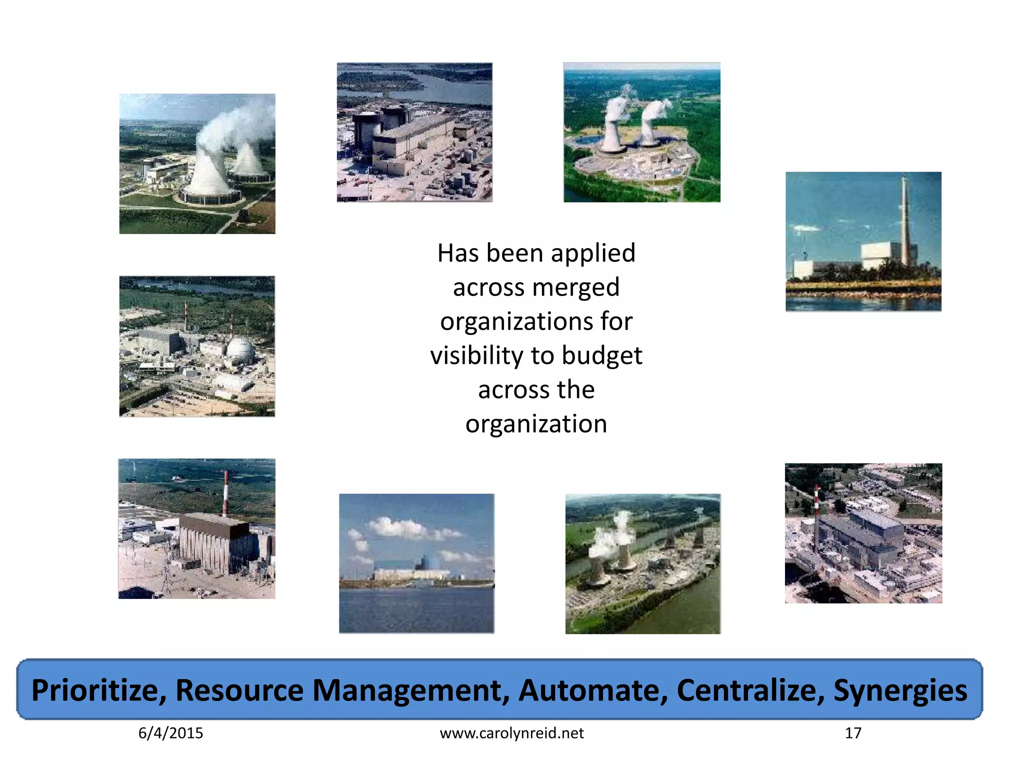 Prioritize, Resource Management, Automate, Centralize, Synergies
6/4/2015 www.carolynreid.net 17
Has been applied
across merged
organizations for
visibility to budget
across the
organization
 