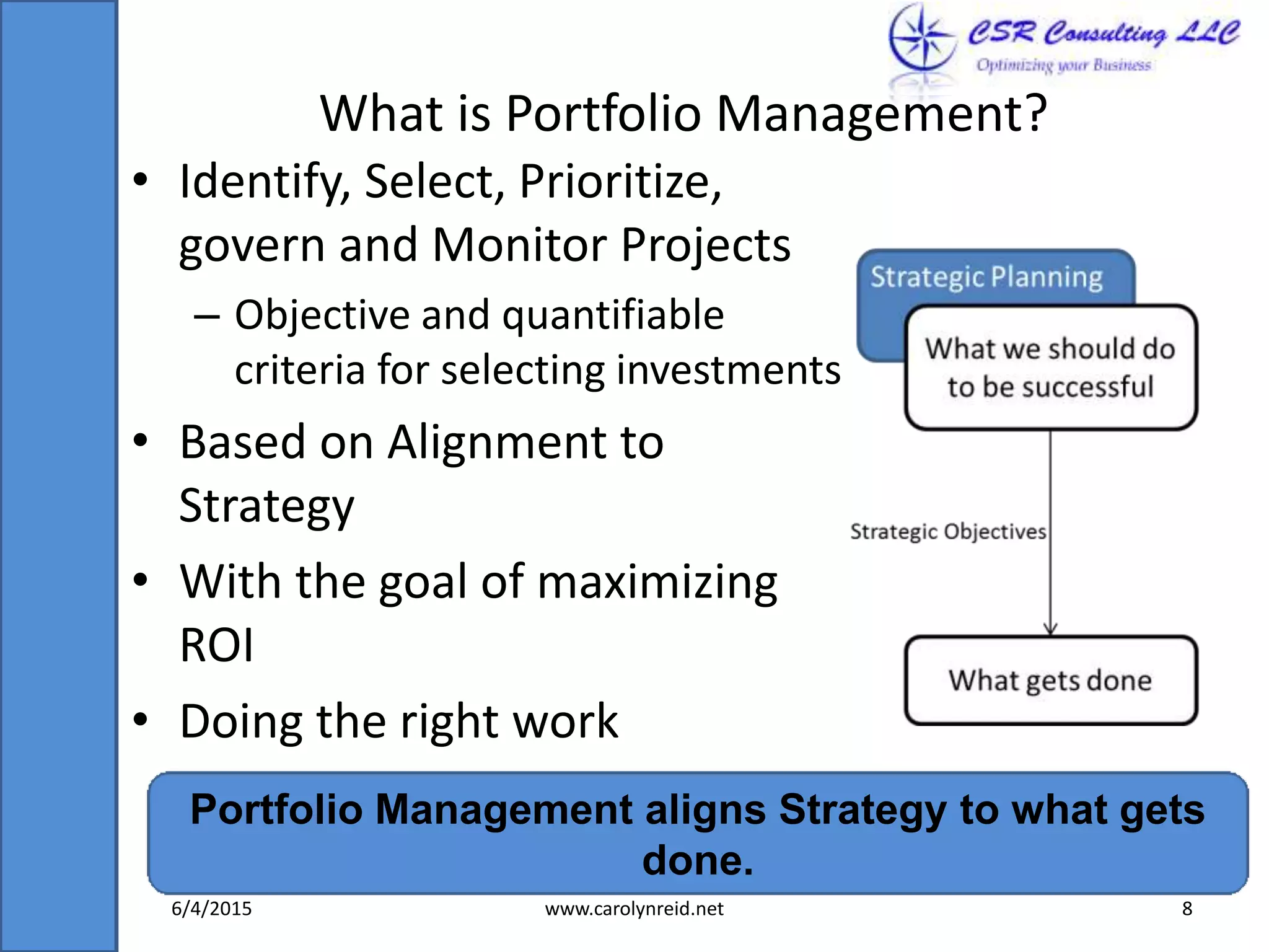 What is Portfolio Management?
• Identify, Select, Prioritize,
govern and Monitor Projects
– Objective and quantifiable
criteria for selecting investments
• Based on Alignment to
Strategy
• With the goal of maximizing
ROI
• Doing the right work
Portfolio Management aligns Strategy to what gets
done.
6/4/2015 www.carolynreid.net 8
 