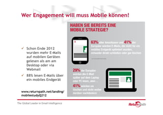 Wer Engagement will muss Mobile können!




   Schon Ende 2012
   wurden mehr E-Mails
   auf mobilen Geräten
   gelesen als am am
   Desktop oder via
   Webmail
   88% lesen E-Mails über
   ein mobiles Endgerät


www.returnpath.net/landing/
mobilestudyQ212
 