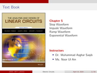 Text Book
Chapter 5
Step Waveform
Impusle Waveform
Ramp Waveform
Exponential Waveform
Instructors
• Dr. Muhammad Asghar Saqib
• Ms. Noor Ul Ain
(EED, UET, Lahore) Electric Circuits April 15, 2024 2 / 54
 