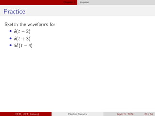 Chapter 5 Impulse
Practice
Sketch the waveforms for
• δ(t − 2)
• δ(t + 3)
• 5δ(t − 4)
(EED, UET, Lahore) Electric Circuits April 15, 2024 20 / 54
 