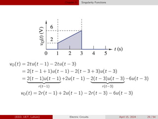 Chapter 5 Singularity Functions
vO(t) = 2tu(t − 1) − 2tu(t − 3)
= 2(t − 1 + 1)u(t − 1) − 2(t − 3 + 3)u(t − 3)
= 2(t − 1)u(t − 1)
| {z }
r(t−1)
+2u(t − 1) − 2(t − 3)u(t − 3)
| {z }
r(t−3)
−6u(t − 3)
vO(t) = 2r(t − 1) + 2u(t − 1) − 2r(t − 3) − 6u(t − 3)
(EED, UET, Lahore) Electric Circuits April 15, 2024 29 / 54
 