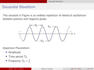Chapter 5 Sinusoidal Waveform
Sinusoidal Waveform
The sinusoid in Figure is an endless repetition of identical oscillations
between positive and negative peaks.
Important Parameters
• Amplitude
• Time period T0
• Frequency T0 = 1
f
(EED, UET, Lahore) Electric Circuits April 15, 2024 47 / 54
 