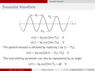 Chapter 5 Sinusoidal Waveform
Sinusoidal Waveform
v(t) = VA sin (2πt/T0) V
v(t) = VA cos (2πt/T0) V
The general sinusoid is obtained by replacing t by (t − TS).
v(t) = VA cos [2π (t − TS) /T0] V
The time-shifting parameter can also be represented by an angle:
v(t) = VA cos [2πt/T0 + φ] V
(EED, UET, Lahore) Electric Circuits April 15, 2024 48 / 54
 