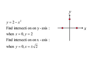 2
,
0
when
:
axis
-
on x
on
intersecti
Find
2
,
0
when
:
axis
-
y
on
on
intersecti
Find
2 2







x
y
y
x
x
y
y
x
 
