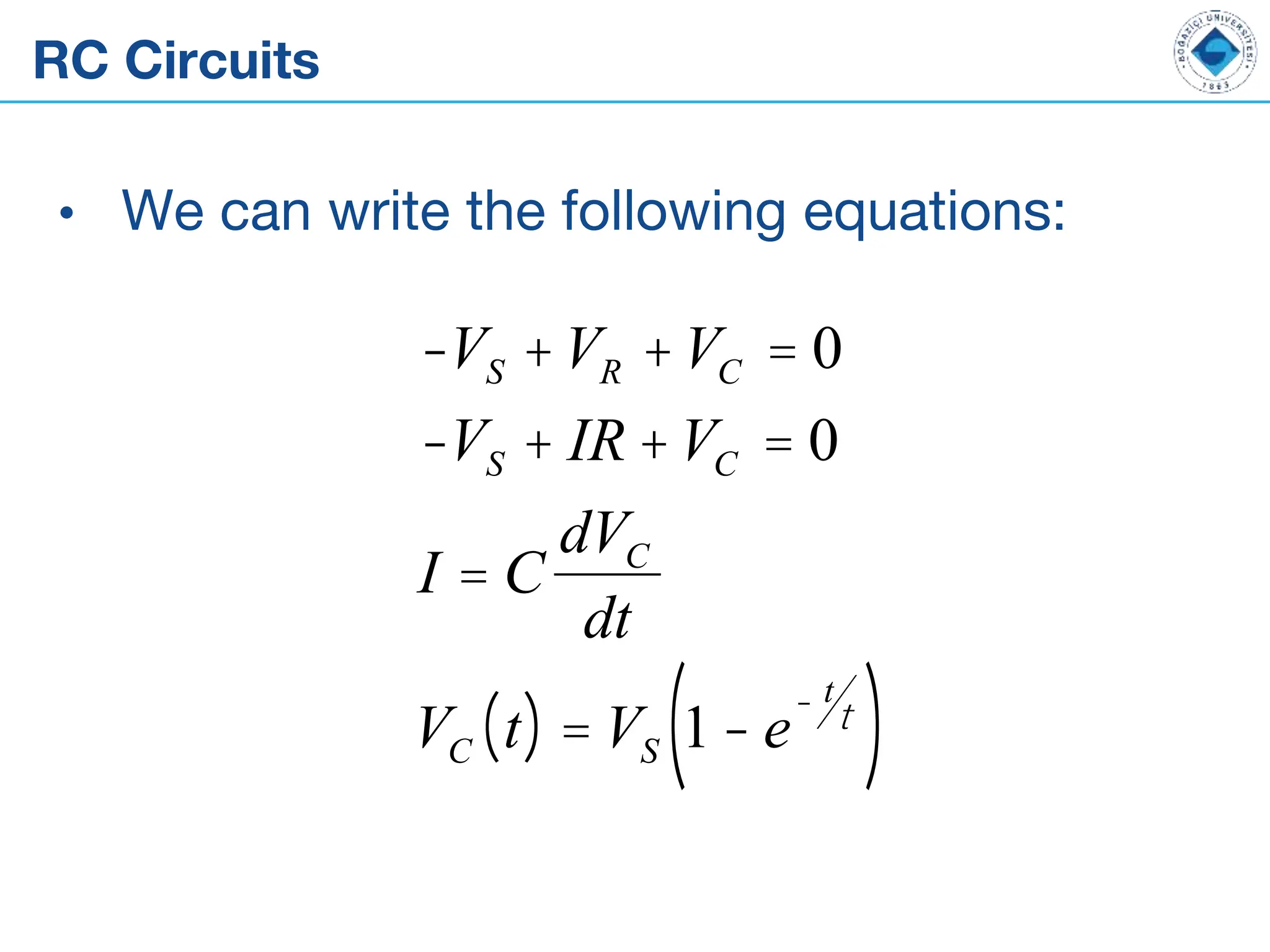 RC Circuits
• We can write the following equations:
-VS +VR +VC = 0
-VS + IR +VC = 0
I = C
dVC
dt
VC t
( ) = VS 1- e
- t
t
( )
 