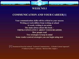 WEEK NO.1 
COMMUNICATION AND YOUR CAREER[1] 
Your communication skills will be critical to your success 
Writing at work differs from writing at school 
At work, writing is an action 
The main advice about this book – 
THINK CONSTANTLY ABOUT YOUR READERS 
How people read 
Two strategies to keep in mind 
Some reader-centred strategies you can begin using now 
[1] Summarized from the textbook “Technical Communication – A Reader-Centred Approach”, 
3th Edition by Paul V. Anderson, McGraw-Hill, Chapter 1 
 