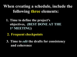 When creating a schedule, include the 
following three elements: 
1. Time to define the project's 
objectives, (BEST DONE AT THE 
1st MEETING) 
2. Frequent checkpoints 
3. Time to edit the drafts for consistency 
and coherence 
Week 3, Lesson 1 Working in a Team 15 
 