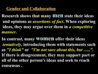 Gender and Collaboration 
Research shows that many men state their ideas 
and opinions as assertions of fact. When exploring 
ideas, they may argue over them in a competitive 
manner. 
In contrast, many women offer their ideas 
tentatively, introducing them with statements such 
as "I think" or "I'm not sure about this, but …..". 
If there is disagreement, they may support part or 
all of the other person's ideas and seek to reach 
consensus . 
Week 3, Lesson 1 Working in a Team 32 
 