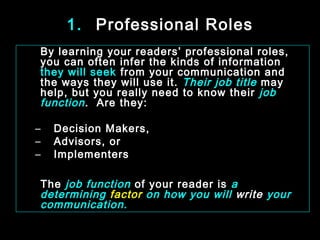 1. Professional Roles 
By learning your readers’ professional roles, 
you can often infer the kinds of information 
they will seek from your communication and 
the ways they will use it. Their job title may 
help, but you really need to know their job 
function . Are they: 
– Decision Makers, 
– Advisors, or 
– Implementers 
The job function of your reader is a 
determining factor on how you will write your 
communication. 
January- 2008 Technical Communication 10 
 