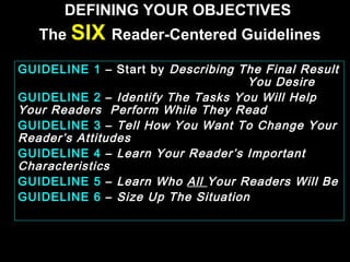 DEFINING YOUR OBJECTIVES 
The SIX Reader-Centered Guidelines 
GUIDELINE 1 – Start by Describing The Final Result 
You Desire 
GUIDELINE 2 – Identify The Tasks You Will Help 
Your Readers Perform While They Read 
GUIDELINE 3 – Tell How You Want To Change Your 
Reader’s Attitudes 
GUIDELINE 4 – Learn Your Reader’s Important 
Characteristics 
GUIDELINE 5 – Learn Who All Your Readers Will Be 
GUIDELINE 6 – Size Up The Situation 
January- 2008 Technical Communication 2 
 