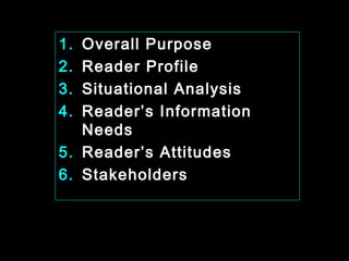 1. Overall Purpose 
2. Reader Profile 
3. Situational Analysis 
4. Reader’s Information 
Needs 
5. Reader’s Attitudes 
6. Stakeholders 
January- 2008 Technical Communication 25 
 