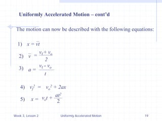 Week 3, Lesson 2 
Uniformly Accelerated Motion 
19 
Uniformly Accelerated Motion – cont’d 
The motion can now be described with the following equations: 
1) 
x = vt 
2) 
v 
= 
vf + vo 
2 
3) 
a = 
vf - vo 
t 
4) 
vf2 
= 
vo2 + 2ax 
5) 
x = 
vo t + 
at2 
2  
