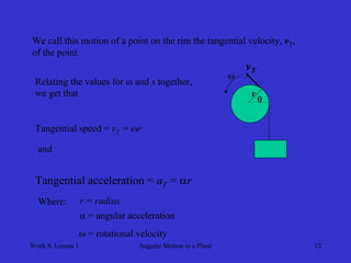 Week 8, Lesson 1 
Angular Motion in a Plane 
12 
r 
 
We call this motion of a point on the rim the tangential velocity, vT, 
of the point. 
vT 
 
Relating the values for  and s together, 
we get that 
Tangential speed = vT = r 
and 
Tangential acceleration = aT = r 
Where: 
r = radius 
 = angular acceleration 
 = rotational velocity  