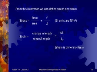 Week 10, Lesson 2 Mechanical Properties of Matter 12 
Stress = 
force 
area 
= 
F 
A 
(SI units are N/m2) 
Strain = 
change in length 
original length 
= 
L 
Lo 
From this illustration we can define stress and strain. 
(strain is dimensionless)  
