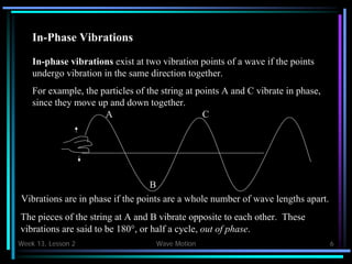 Week 13, Lesson 2 Wave Motion 6 
In-Phase Vibrations 
In-phase vibrations exist at two vibration points of a wave if the points 
undergo vibration in the same direction together. 
For example, the particles of the string at points A and C vibrate in phase, 
since they move up and down together. 
A 
C 
Vibrations are in phase if the points are a whole number of wave lengths apart. 
B 
The pieces of the string at A and B vibrate opposite to each other. These 
vibrations are said to be 180, or half a cycle, out of phase.  